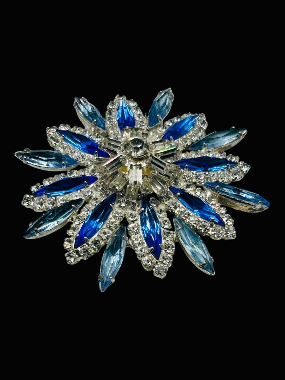 Vintage Blue Navette Rhinestone Layered Snowflake Brooch